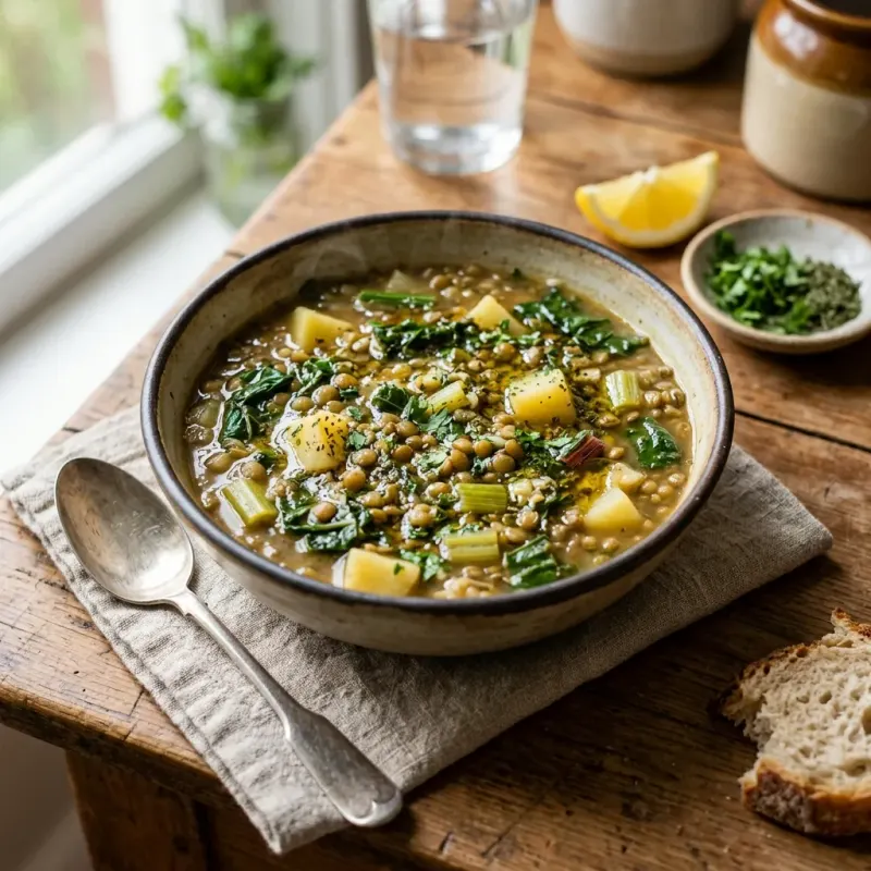 Lebanese Lentil And Chard Stew With Garlic Lemon Teshwena