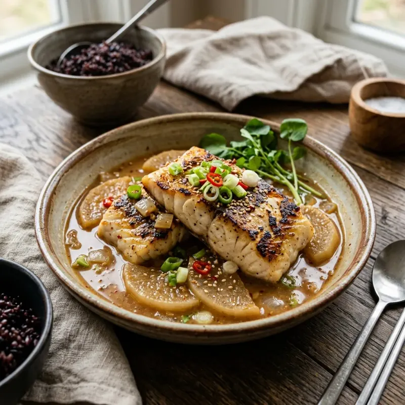 Korean Doenjang Butter Braised White Fish With Daikon