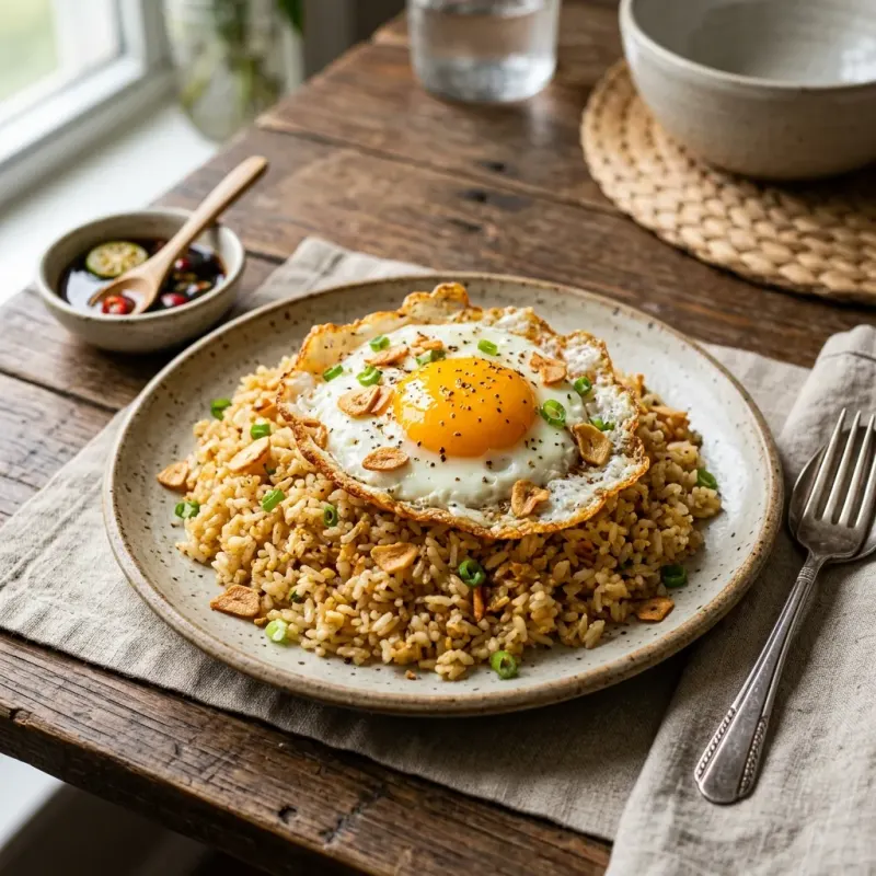 Filipino Golden Garlic Fried Rice (Sinangag) With Crispy Eggs