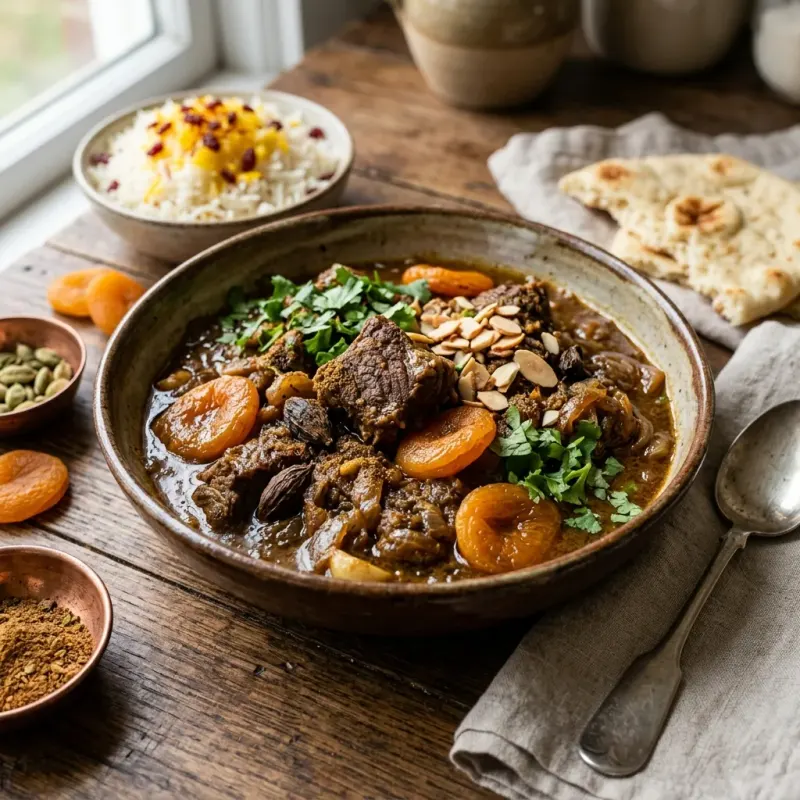 Afghan Beef Braise With Dried Apricots And Black Cardamom