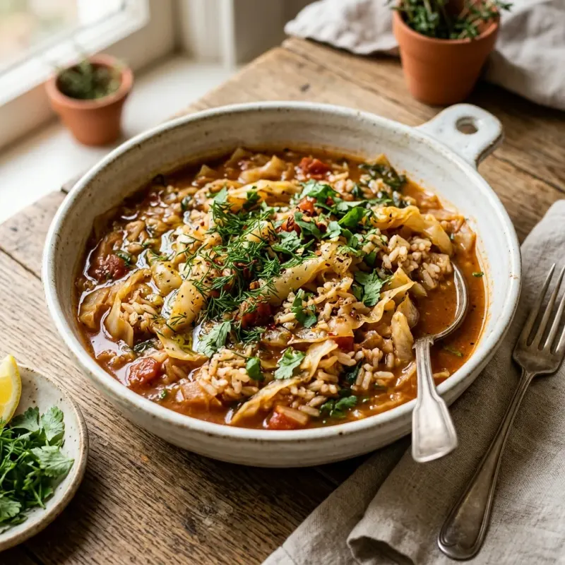 Egyptian Tomato And Dill Spiced Rice Cabbage Skillet