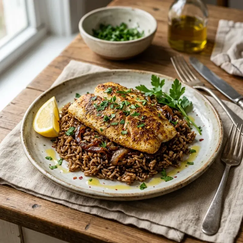 Lebanese Cumin Crust Fish Fillets Over Caramelized Onion Rice