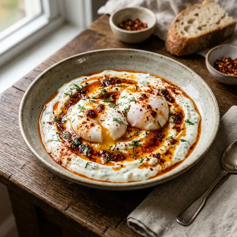 Turkish Garlic Butter Poached Eggs With Smoked Paprika Yogurt