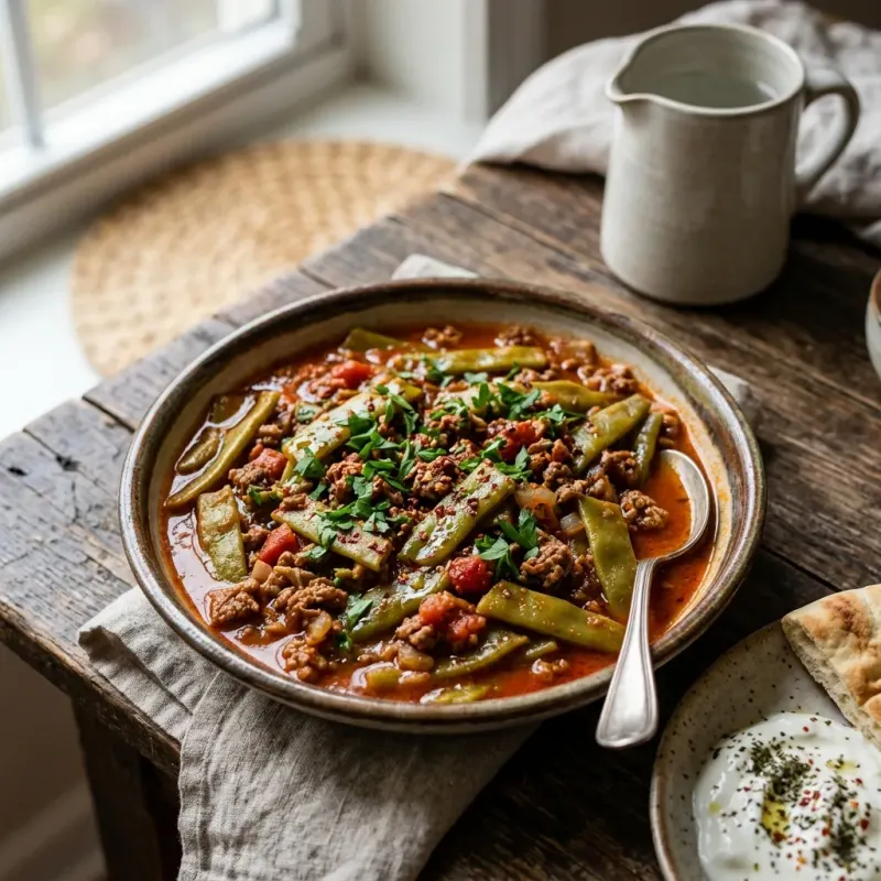 Turkish Tomato Braised Green Beans And Spiced Beef