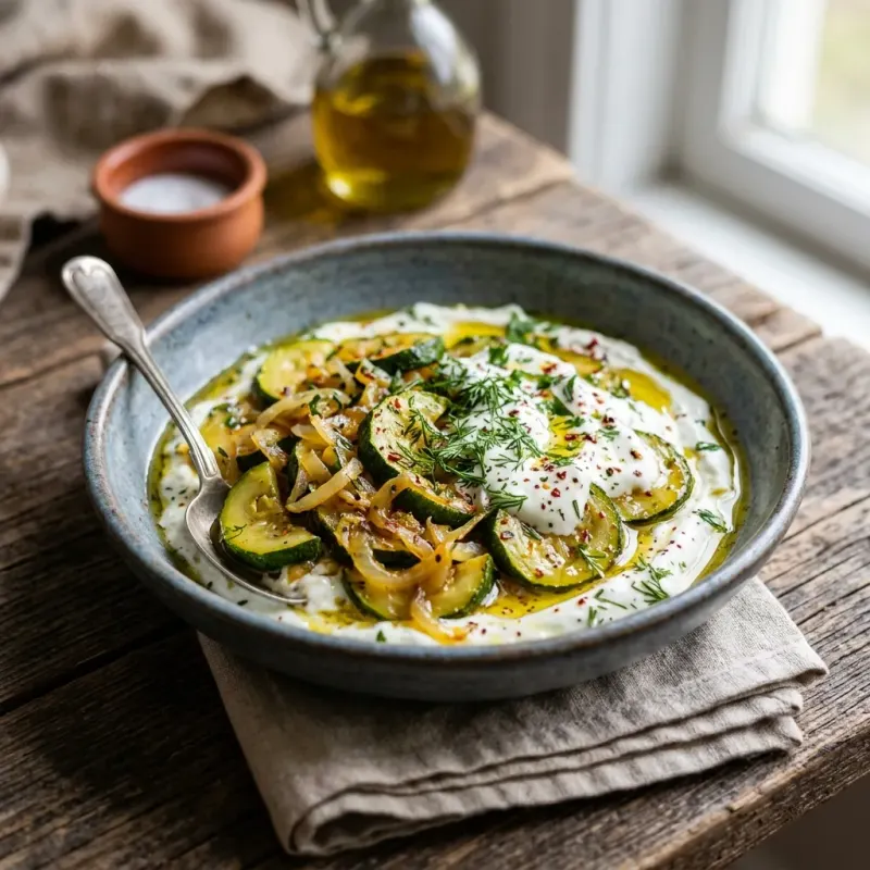 Turkish Skillet Braised Zucchini With Garlic Yogurt And Dill