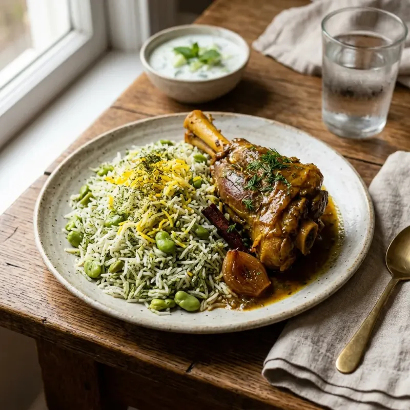 Iranian Braised Lamb Shank With Dill And Fava Bean Rice