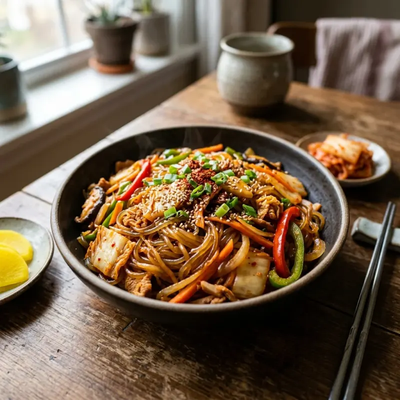 Spicy Kimchi And Sweet Potato Glass Noodle Stir-Fry