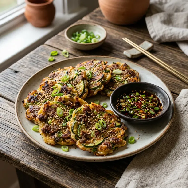 Korean Sesame Garlic Beef And Zucchini Pancakes