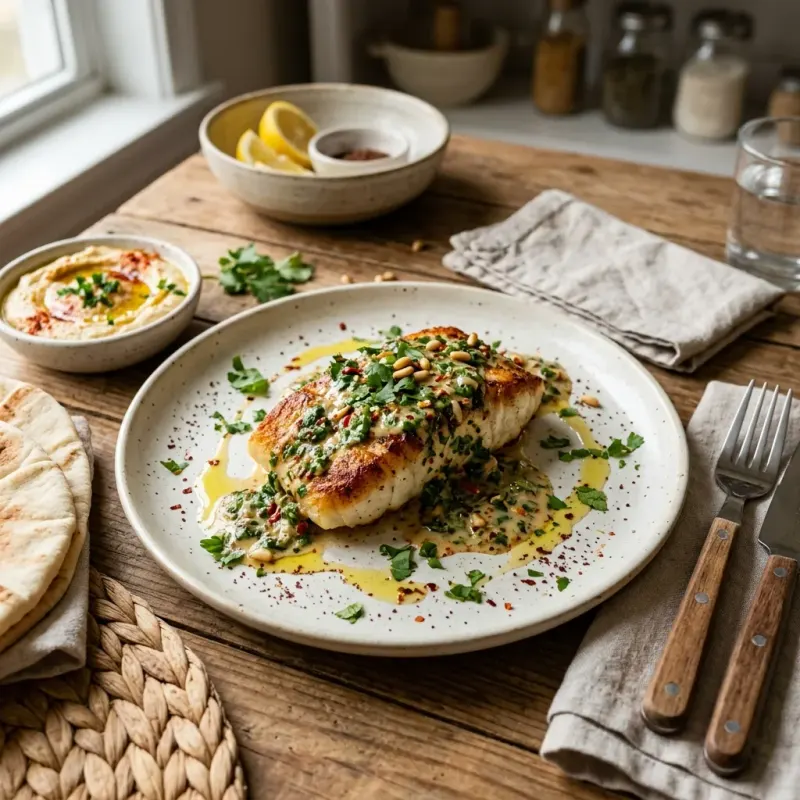 Lebanese Pan Seared Cod With Spicy Tahini Cilantro Sauce