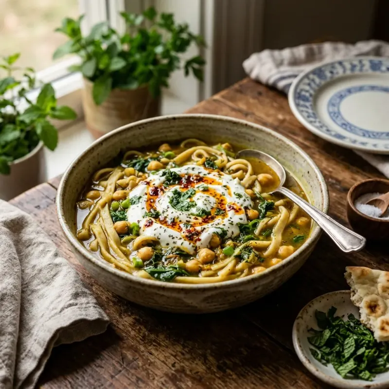 Afghan Noodle Soup With Chickpeas And Minted Yogurt