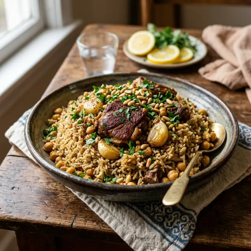 Hebron Style Garlic Lamb And Chickpea Pilaf