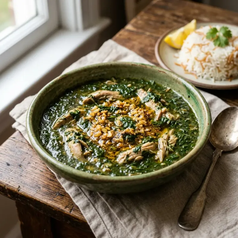 Egyptian Garlic Coriander Chicken Molokhia Stew