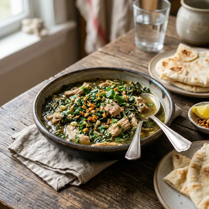 Lebanese Lemon Cilantro Chicken And Jute Leaf Stew