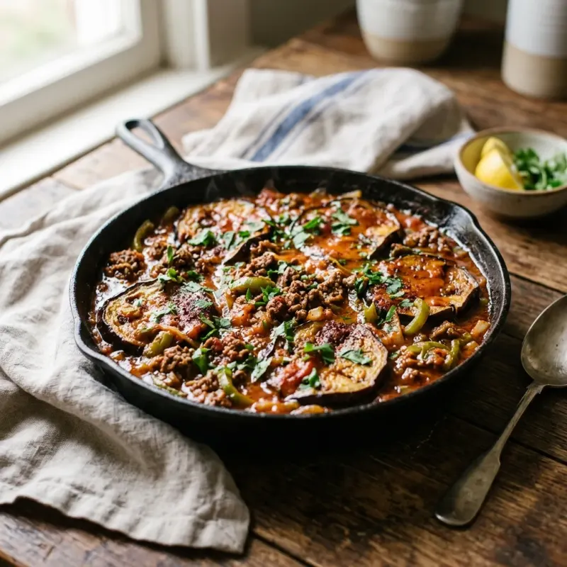 Egyptian Spiced Beef And Eggplant Mesakaa Skillet