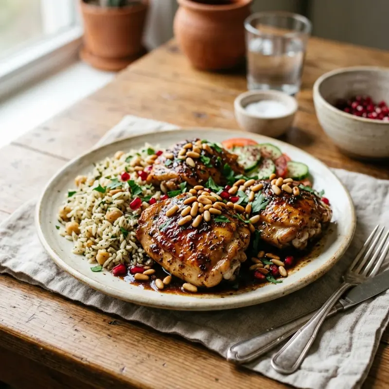 Turkish Seared Chicken Thighs With Pomegranate Molasses And Pine Nuts
