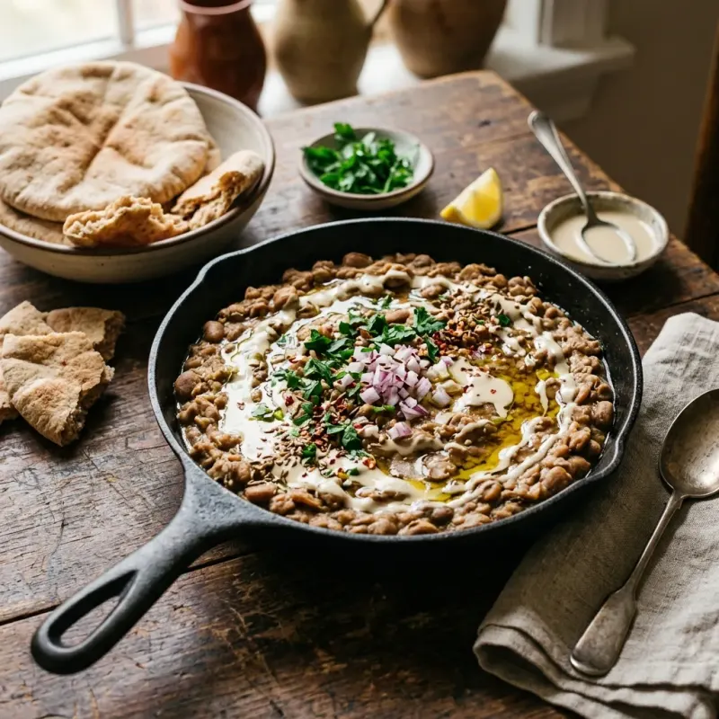 Egyptian Mashed Fava Bean Skillet With Lemon Cumin Tahini
