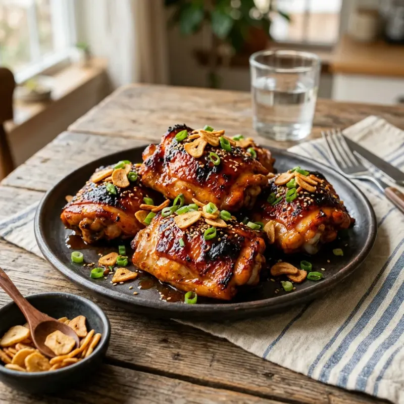 Gochujang Honey Roast Chicken Thighs With Garlic Chips