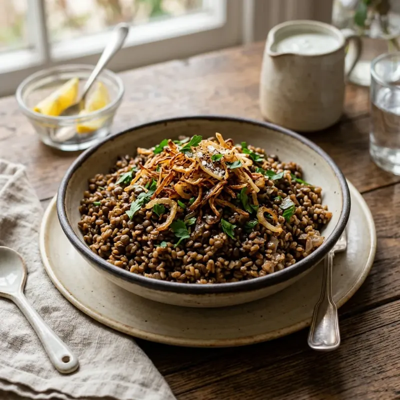 Lebanese Caramelized Onion Bulgur Pilaf With Crispy Shallots