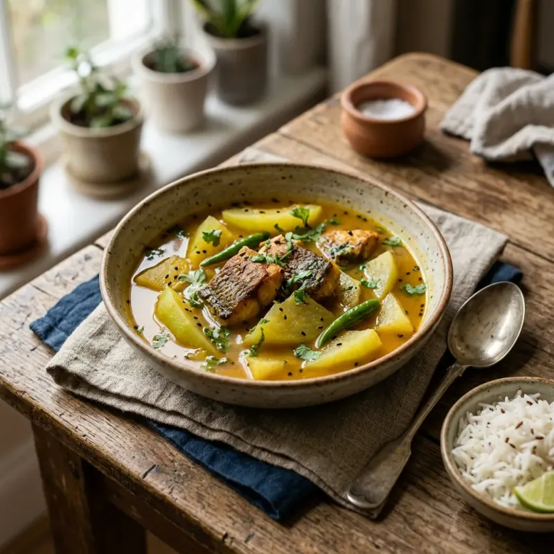 Bengali Light Nigella Stew With Green Papaya And Fish