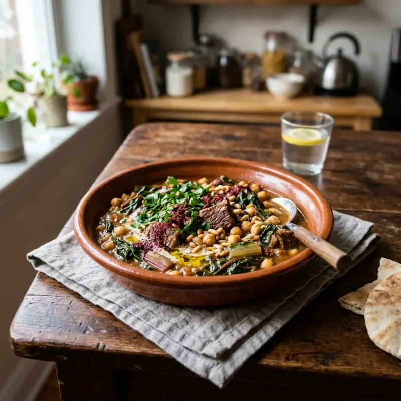 Palestinian Sumac Beef And Chard Stew With Chickpeas