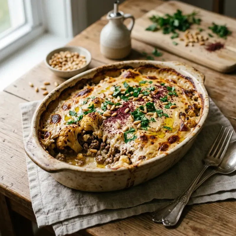 Palestinian Roasted Cauliflower And Beef Tahini Bake