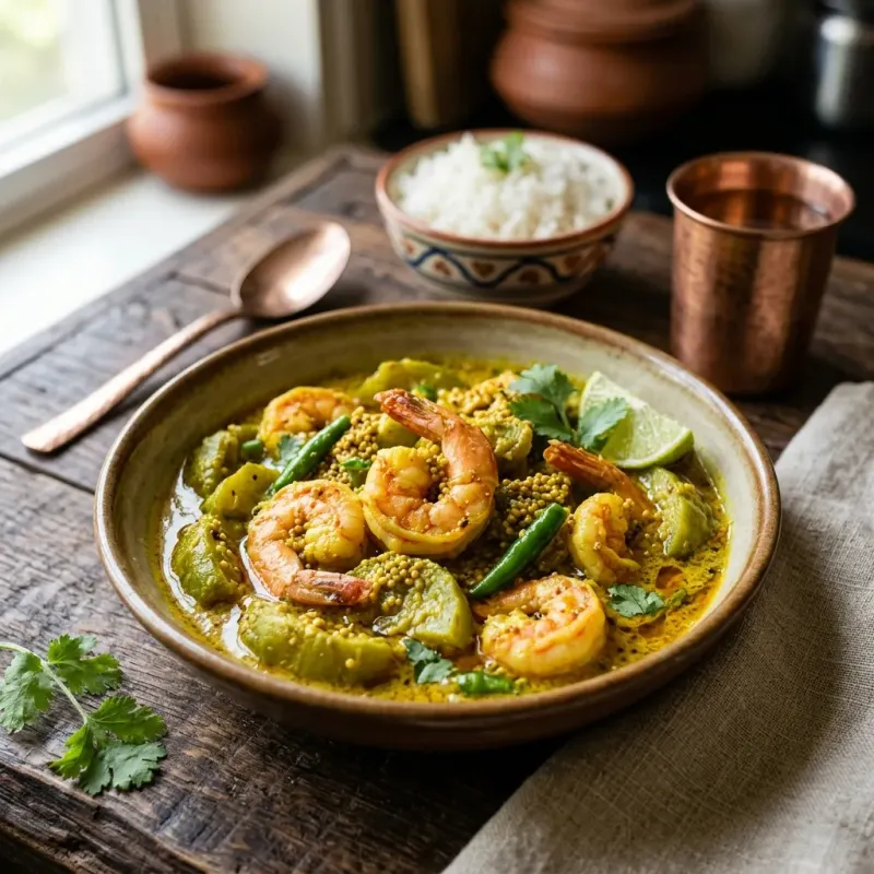 Bengali Yellow Mustard Prawns With Soft Ridge Gourd