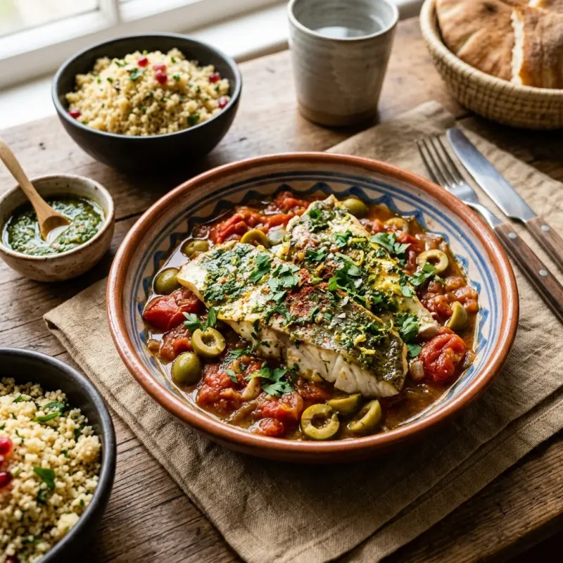 Moroccan Chermoula Braised Sea Bass Fillets With Tomatoes And Green Olives