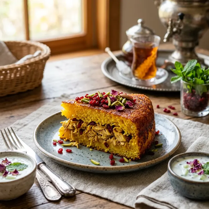 Iranian Saffron Rice Cake With Layered Chicken