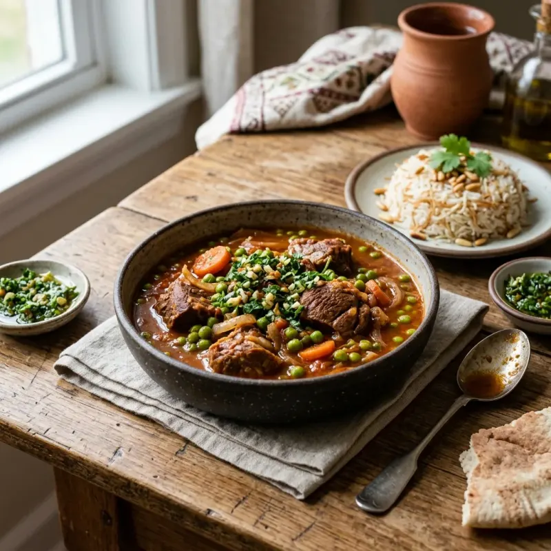 Lebanese Braised Lamb And Pea Stew With Garlic Cilantro Teshwena