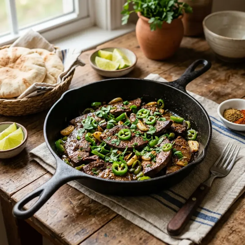 Egyptian Alexandrian Beef Liver Skillet With Green Chiles