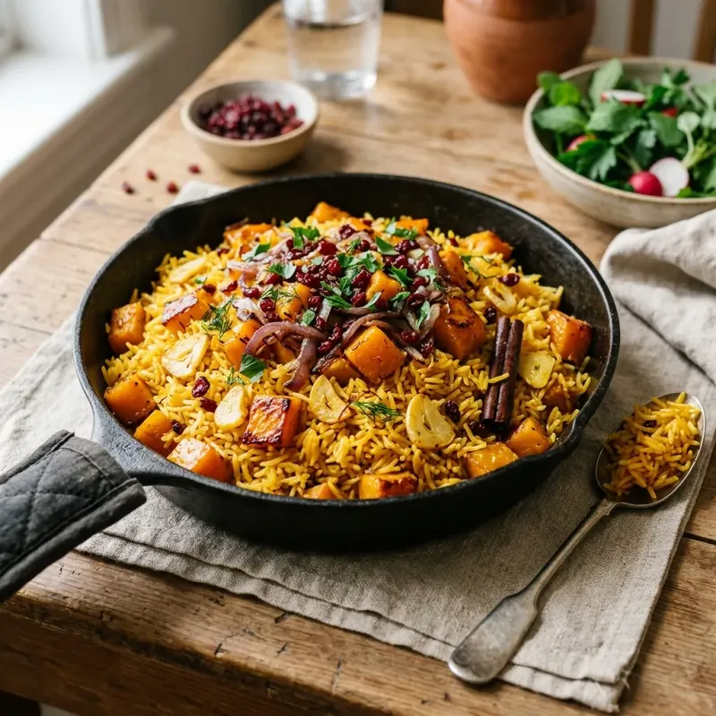 Iranian Pumpkin And Garlic Spiced Rice Skillet