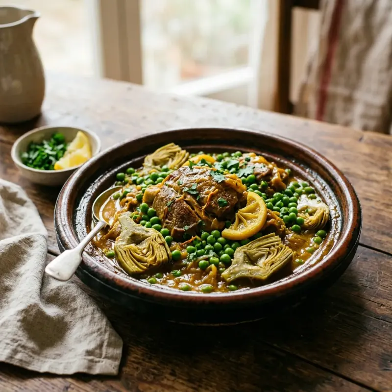 Moroccan Braised Lamb With Green Peas And Artichoke Hearts