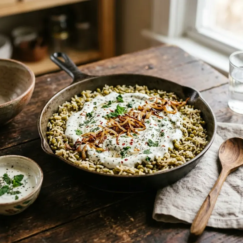 Afghan Garlic Yogurt Topped Mung Bean And Rice Skillet
