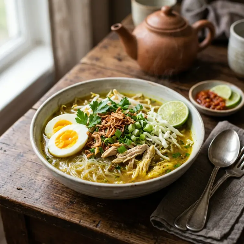 Soto Ayam Ambengan (Javanese Turmeric Chicken Noodle Broth)