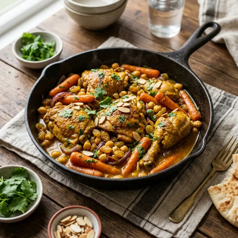 Moroccan Saffron Chicken Skillet With Sweet Carrots And Raisins