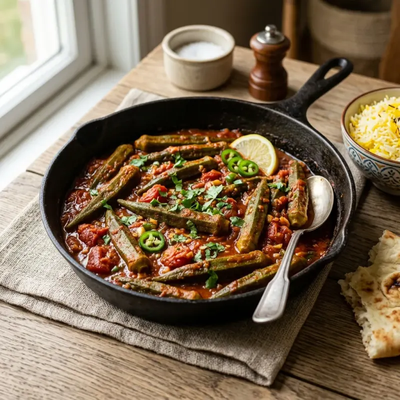 Afghan Garlic And Tomato Braised Okra Skillet