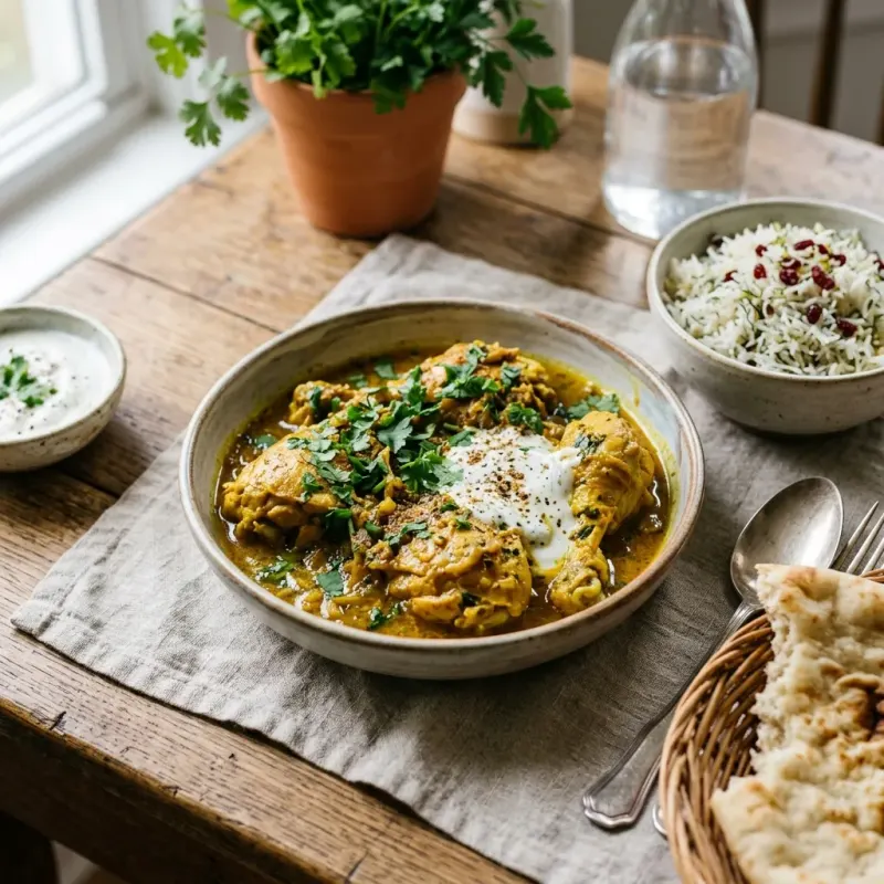 Afghan Turmeric Stewed Chicken With Cilantro Yogurt Gravy