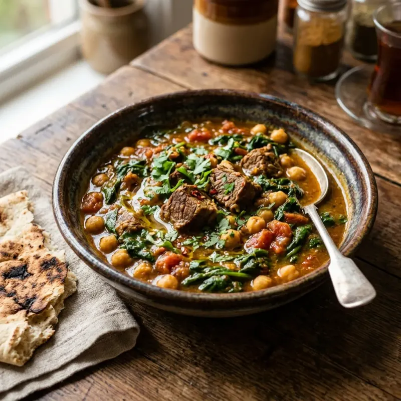 Egyptian Spiced Beef And Spinach Stew With Chickpeas