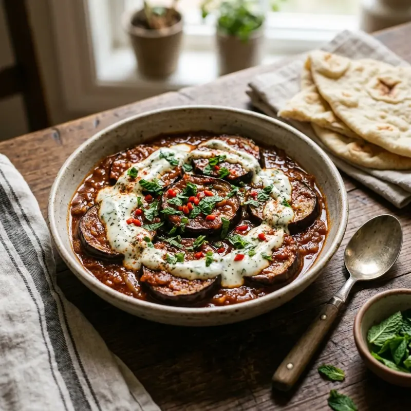 Afghan Tomato Braised Eggplant With Garlic Mint Yogurt