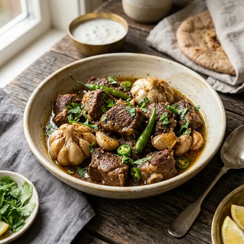 Peshawari Salted Beef Dum Gosht With Whole Garlic