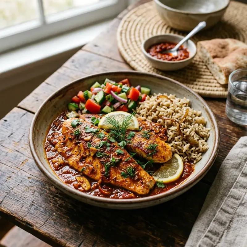 Palestinian Cumin Braised Red Snapper Fillets With Gazan Red Pepper Paste