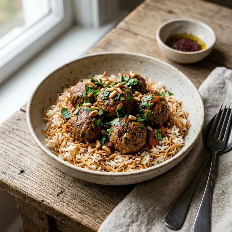 Egyptian Cardamom Spiced Beef Meatballs With Vermicelli Rice