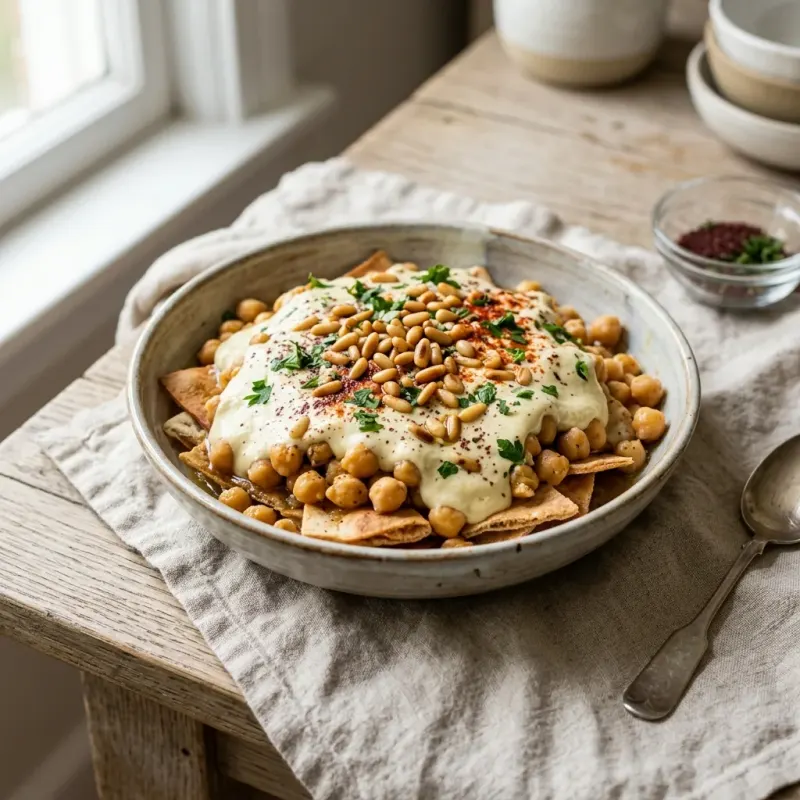 Lebanese Warm Chickpea Fatteh With Garlic Yogurt And Toasted Pine Nuts