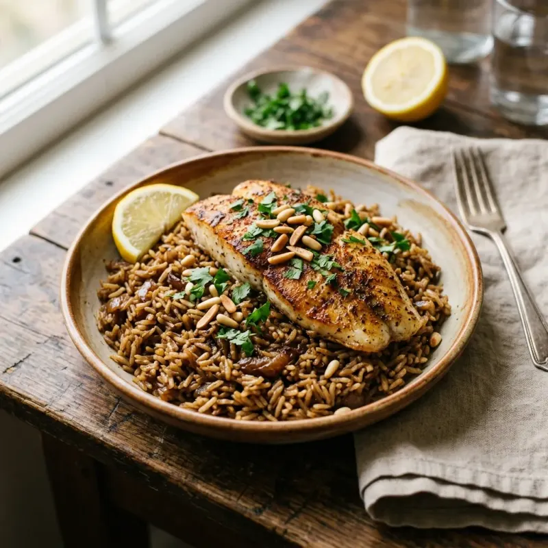 Egyptian Sayadieh Seared White Fish With Browned Onion Rice