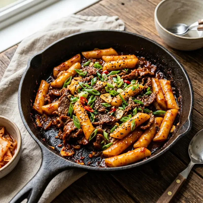 Korean Garlic Scallion Beef Tteokbokki Skillet