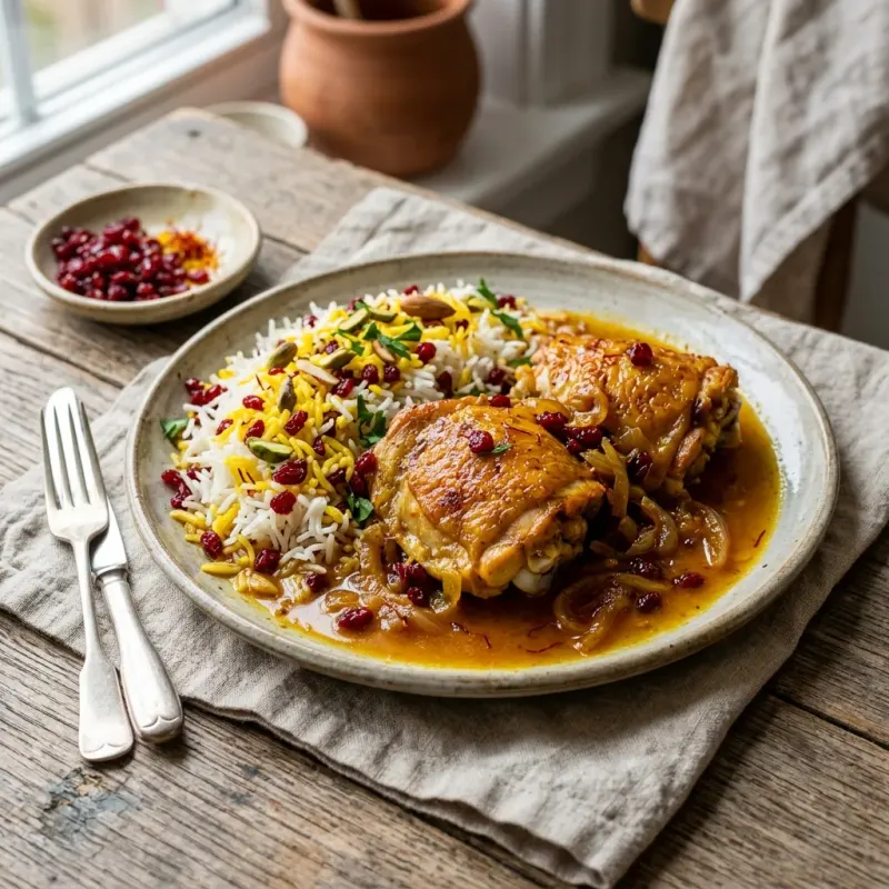 Iranian Saffron And Dried Barberry Braised Chicken Thighs
