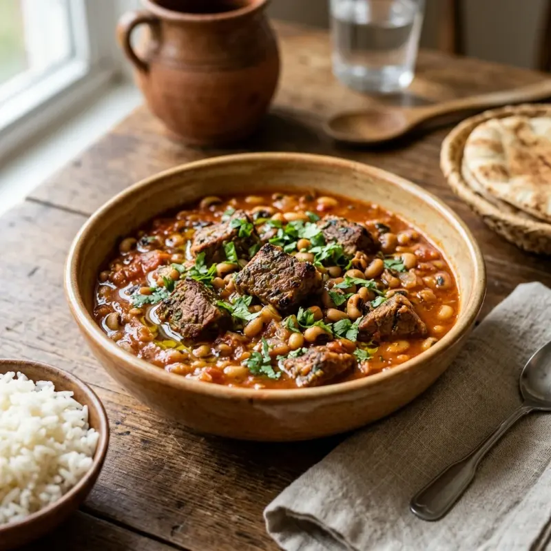 Egyptian Tomato Braised Black Eyed Peas With Coriander Seared Beef