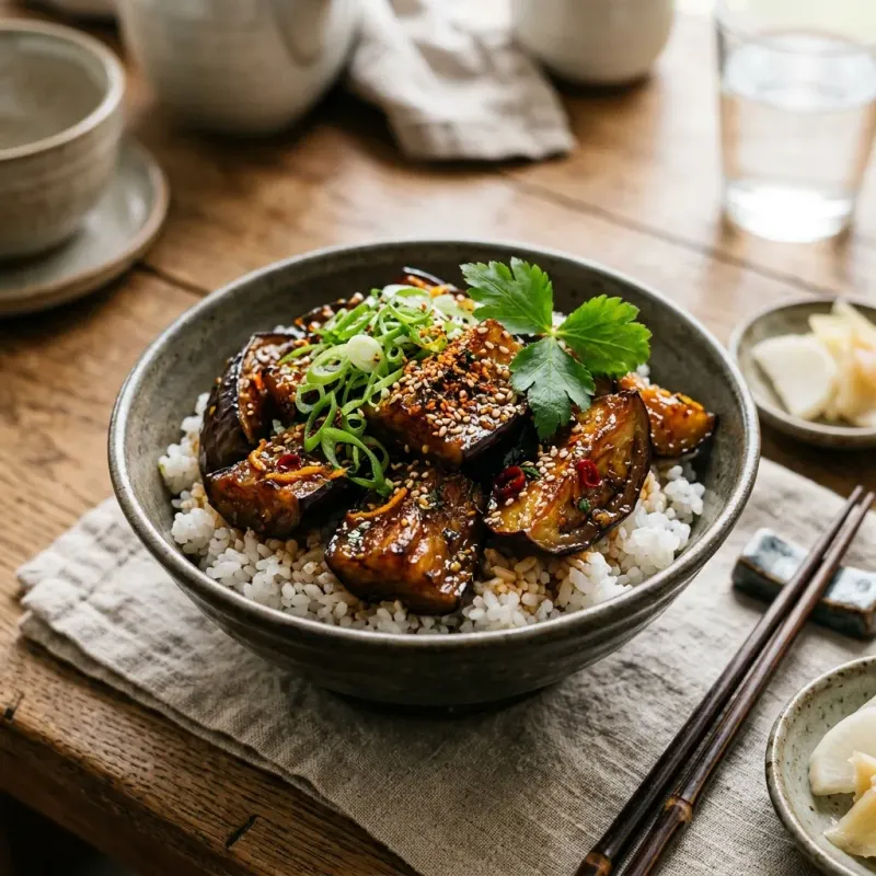 Seven-Spice Glazed Japanese Eggplant Donburi