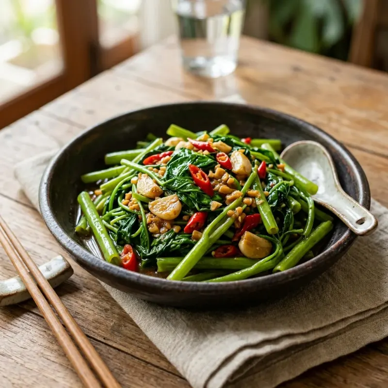 Thai Stir-Fried Water Spinach With Garlic And Soybean Paste