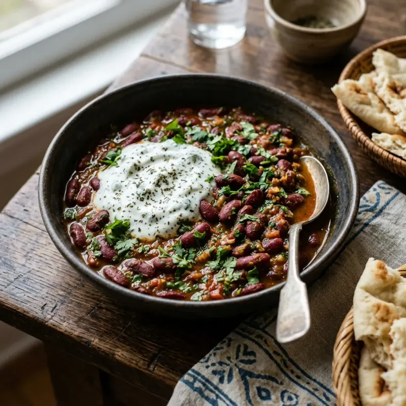 Afghan Coriander And Kidney Bean Stew With Garlic Yogurt